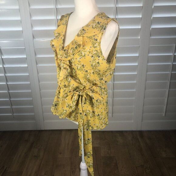 Max Studio Women's Yellow Floral Surplice Ruffle Peplum Top Tie at Waist Small - Picture 3 of 11